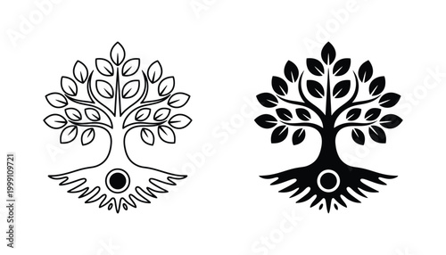 Stylized tree of life symbol with roots and leaves in outline and silhouette forms vector art