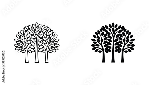 Group of three deciduous trees in outline and solid black silhouette for landscape design and environmental icons