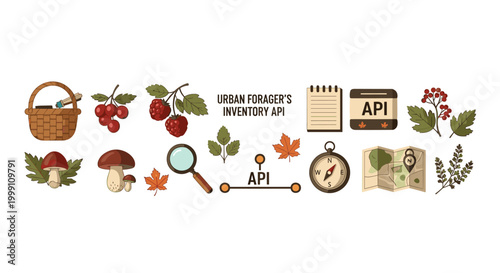 A collection of woodland foraging icons displaying items like wicker baskets, magnifying glasses, forest berries, trail maps, and compasses on a light background.