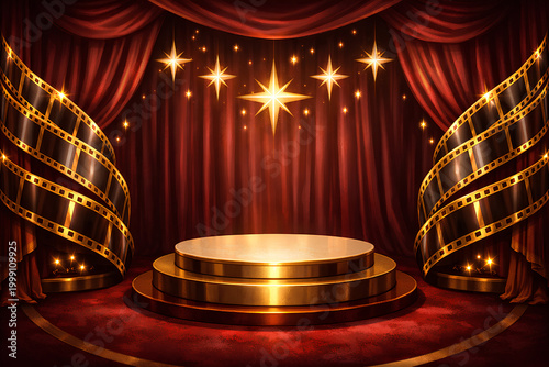 Red and gold theatrical podium with glowing star lights, velvet curtains and curved film strips for glamorous cinema award celebration scene