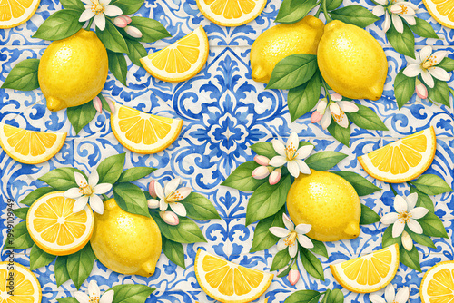 Bright lemon and blossom pattern on blue and white ceramic tiles with citrus slices, green leaves and watercolor Mediterranean kitchen style