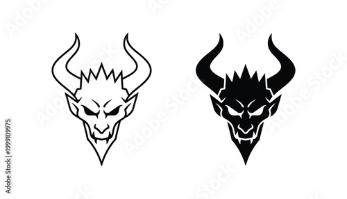 Intense devil or satanic head emblem with horns in outline and solid black vector for gothic and horror themes