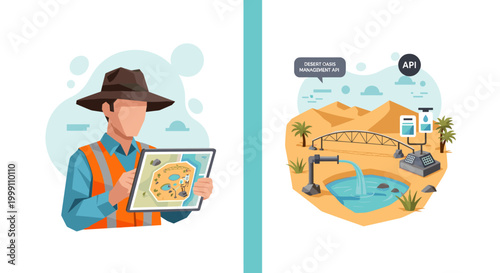 An engineer wearing a safety vest and wide-brimmed hat operates a digital tablet to control a desert oasis water management system via an integrated API interface.