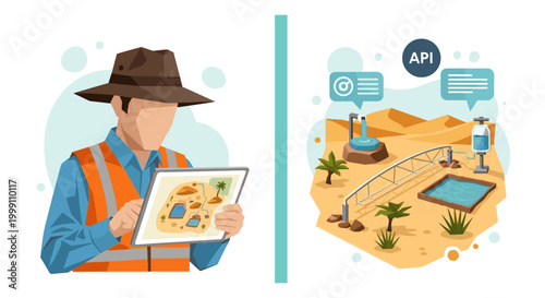 A technician in a hat uses a digital tablet to monitor automated irrigation systems across a dry desert landscape with a muted tan color scheme.