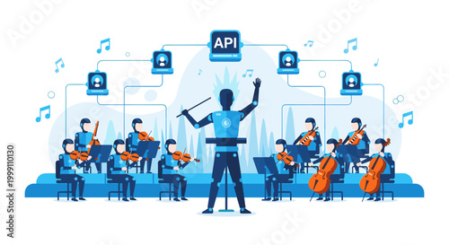 A robotic conductor leads a group of musical robots through an API connection interface with light blue accents and soft musical notes floating around.