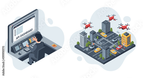 An office worker manages a city simulation on a large computer terminal while drones fly over a dense urban grid with isometric building structures.