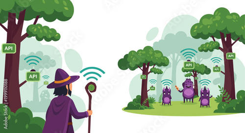A magical wizard figure stands in a vibrant forest setting with purple creatures and digital interface floating icons illuminated by soft daylight in a flat illustration.
