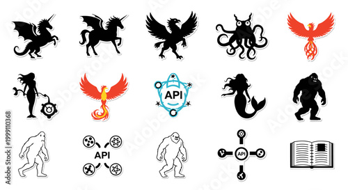 A comprehensive set of stylized monochrome and red accent icons showcasing legendary beings and complex technical diagrams aligned in a precise grid on a clear white background.