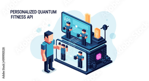 A user interacts with a personalized quantum fitness API platform featuring interactive digital avatars performing exercises on a high-tech console in a bright blue environment.