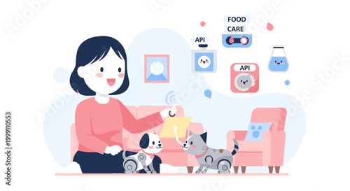 A user engages with robotic companion animals in a comfortable lounge setting while digital food care and API dashboard icons hover in the surrounding airy space.