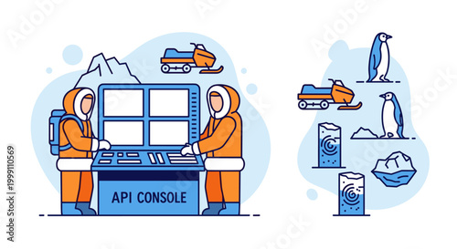 Two researchers in orange winter gear operate a centralized API console within a frozen polar environment populated by penguins and snowmobile transportation icons.