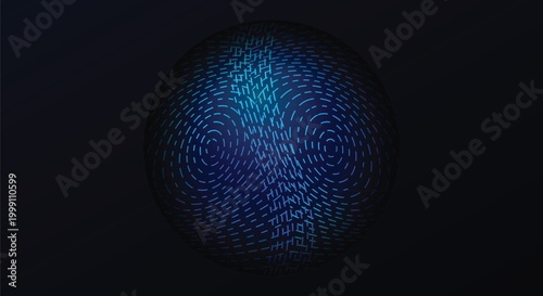 Abstract Cyber Security Sphere Background With Glowing Digital Fingerprint Pattern On Dark Background For Biometric Data Protection And Identity Verification