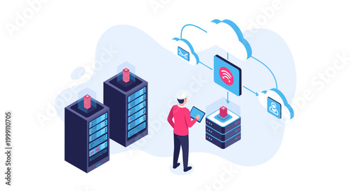 A system engineer wearing a hard hat monitors server equipment using a tablet while cloud network icons connect data centers in a minimalist digital space.