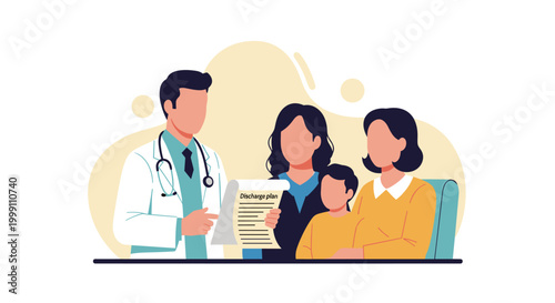 A male doctor in a white lab coat presents a formal hospital discharge plan to a seated family in a clinic setting with soft neutral light color tones.