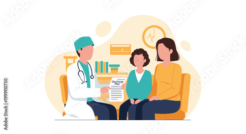 A male doctor wearing a scrub cap explains a medical discharge plan to a family sitting on a couch in a healthcare facility with soft pastel lighting.