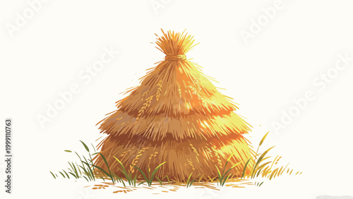 Warm Illuminated Stacked Conical Hayrick with Golden Grain Ears, Surrounded by Green Meadow Grass on a Plain White Background, Harvest-Themed Watercolor Style Illustration