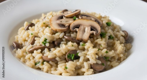Creamy risotto dish with mushrooms and parsley, in a white bowl