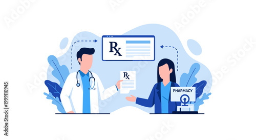 A physician presents a digital prescription to a pharmacist standing at a pharmacy counter within a clean medical flow illustration using a soft blue aesthetic.