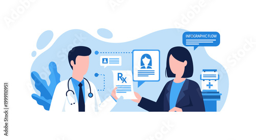 A medical professional hands a prescription document to a patient inside a clinical consultation interface featuring abstract blue shapes and infographic elements.