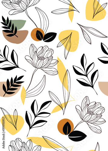 Elevate your brand with this chic seamless pattern featuring hand drawn line art florals and trendy abstract shapes. Perfect for stylish textiles or modern web backgrounds. Grab this beauty now