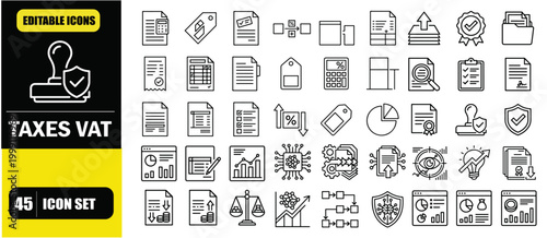 Taxes and VAT Icon Set – Tax Calculation, Value Added Tax, Financial Compliance, Accounting, Billing Systems and Government Regulations Line Icons – Thin Line Editable Stroke Vector Illustration for U