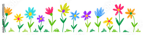 Vector horizontal pattern of flowers hand drawn in doodle style