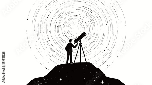 Stargazing Observer on a Hilltop: Black and White Minimalist Illustration of an Astronomer Adjusting a Telescope to View Spiral Star Trails Across the Night Sky