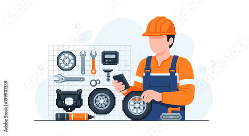 A construction worker wearing an orange helmet and blue overalls checks his smartphone while standing beside a grid wall containing various automotive repair tools.