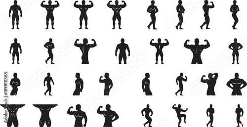 Bodybuilding Competition Posing and Muscle Flexing Silhouette Set.