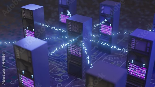 Data centers connect with glowing nodes on a circuit board at night while network activity takes place.