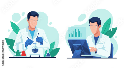 A male scientist in a white laboratory coat performs chemical experiments with glass beakers while his colleague examines digital bar charts on a computer screen.