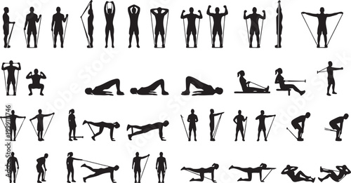 Resistance Band Strength Training and Elastic Band Exercise Icon Sheet.