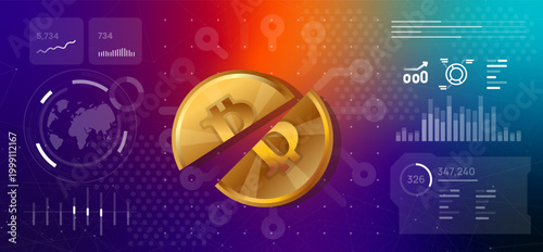 Cryptocurrency halving event and digital asset economy concept with golden coin split in half on futuristic tech background with world map and financial data analytics for blockchain investment growth