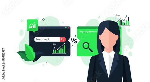 A professional woman in a dark suit stands beside a digital interface contrasting a search result screen with low growth metrics against a high engagement green panel.