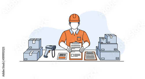 A warehouse worker wearing an orange safety helmet inspects inventory records on a clipboard while standing at a storage table with cardboard boxes and scanners.