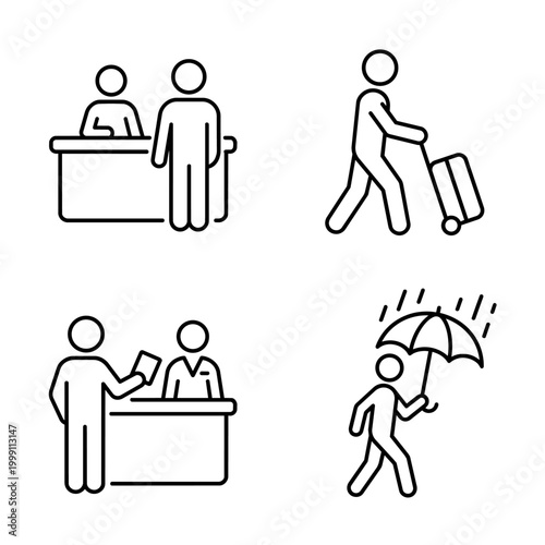 Minimalist line art stick figure icon set: reception desk, pulling luggage, checking in, and walking with an umbrella in the rain.