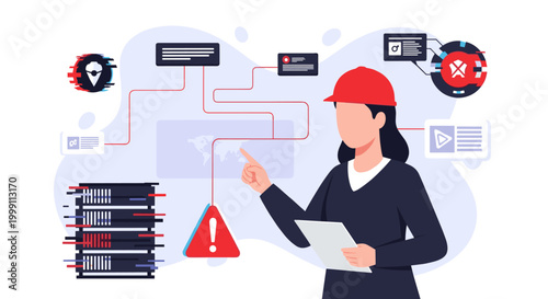 A female IT engineer wearing a red safety helmet points toward a server rack unit while reviewing technical status reports during a critical system alert event.