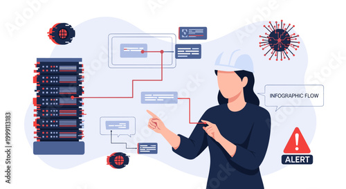 A female technical engineer wearing a white safety helmet gestures toward a complex digital infographic flow connected to a server rack in a modern technology center.