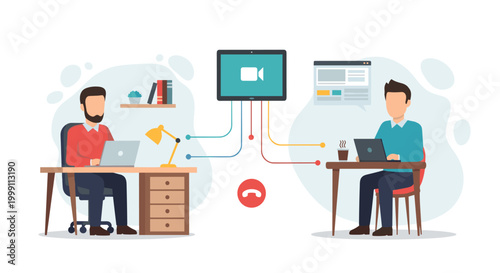 Two professional individuals work on their separate laptops while connected via a central video conferencing hub with a red call disconnect button on a clean white background.