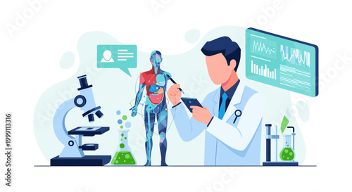 A male researcher in a lab coat performs an analysis of a holographic anatomical model while using a digital tablet inside a modern clean clinical laboratory.