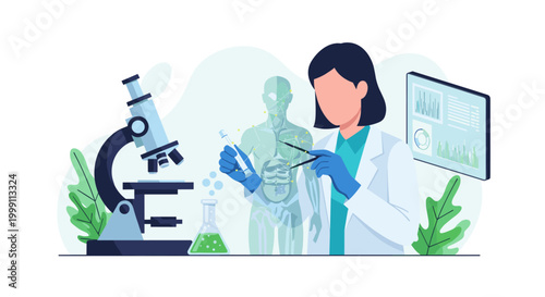 A researcher wearing blue latex gloves examines a glowing chemical test tube while observing a 3D anatomical skeletal projection inside a high-tech medical research facility.