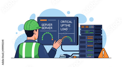 A computer engineer wearing a reflective high-visibility vest monitors server uptime and system load metrics on a large computer screen inside a data center facility.