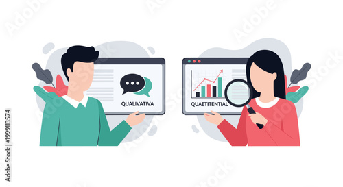 A man and woman display qualitative and quantitative data charts on two separate screens using a magnifying glass to analyze business trends in a bright office.