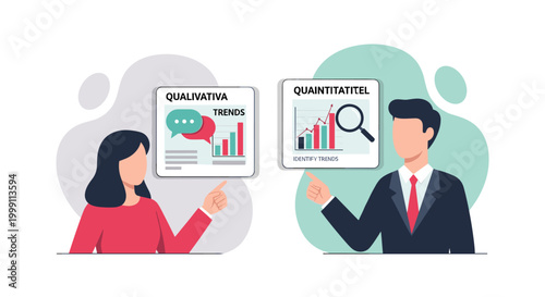 A woman and a businessman in a suit indicate qualitative trend analysis and quantitative data charts on two screens in a professional corporate meeting environment.