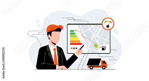 A male expert wearing a baseball cap presents route optimization data on a digital screen interface with a fuel station map against a minimalist studio background.