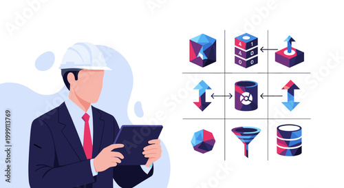 A male engineer in a white hard hat examines database management diagrams on a digital tablet in a clean workspace with a soft purple backdrop.