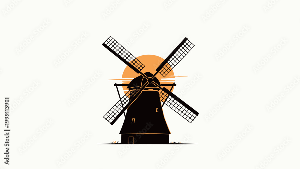 Obraz premium Minimalist Retro Textured Silhouette Illustration of a Traditional Windmill Against a Warm Setting Sun, Minimalist Landscape Art with Black and Golden Yellow Contrast