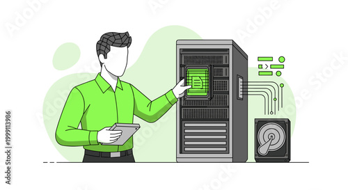 A male IT specialist holding a tablet manages a server rack with illuminated green storage modules in a bright minimalist office space with clean vector aesthetics.