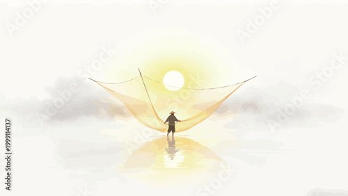 Fisherman Stands in Morning Mist Shallow Water, Spreading Golden Fishing Net Against Bright Sunrise Sun, Minimalist Serene Waterscape with Warm Golden Tones