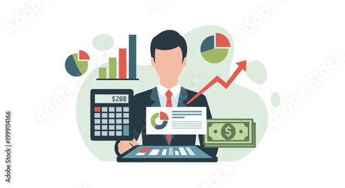 A corporate professional manages financial figures on a calculator next to graphical pie charts and banknotes within a bright, clean, and highly organized workspace setting.